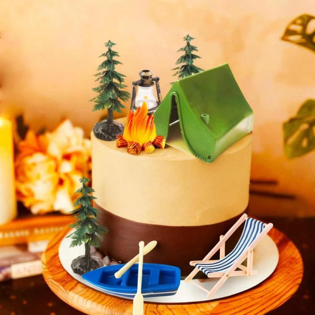Morruo Miniature Camping Scene Set – Green Tent, Campfire, Boat & Trees Plastic Cake Topper