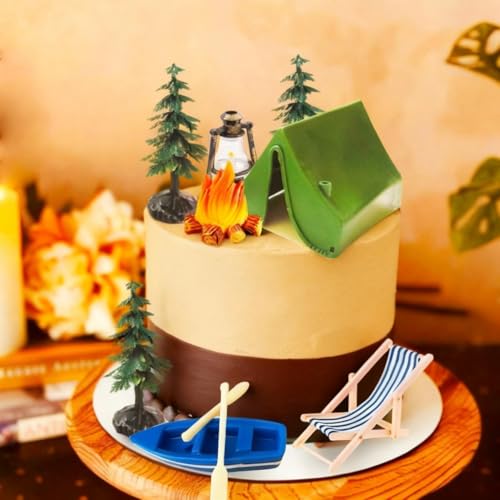 Morruo Miniature Camping Scene Set – Green Tent, Campfire, Boat & Trees Plastic Cake Topper