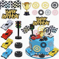 Morruo Racing Car Cake Topper Set - 18 Pieces with Toy Cars, Trophy, Traffic Light, Checkered Flags, Gear Wheels for Birthday Party Decoration