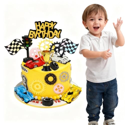 Morruo Racing Car Cake Topper Set - 18 Pieces with Toy Cars, Trophy, Traffic Light, Checkered Flags, Gear Wheels for Birthday Party Decoration