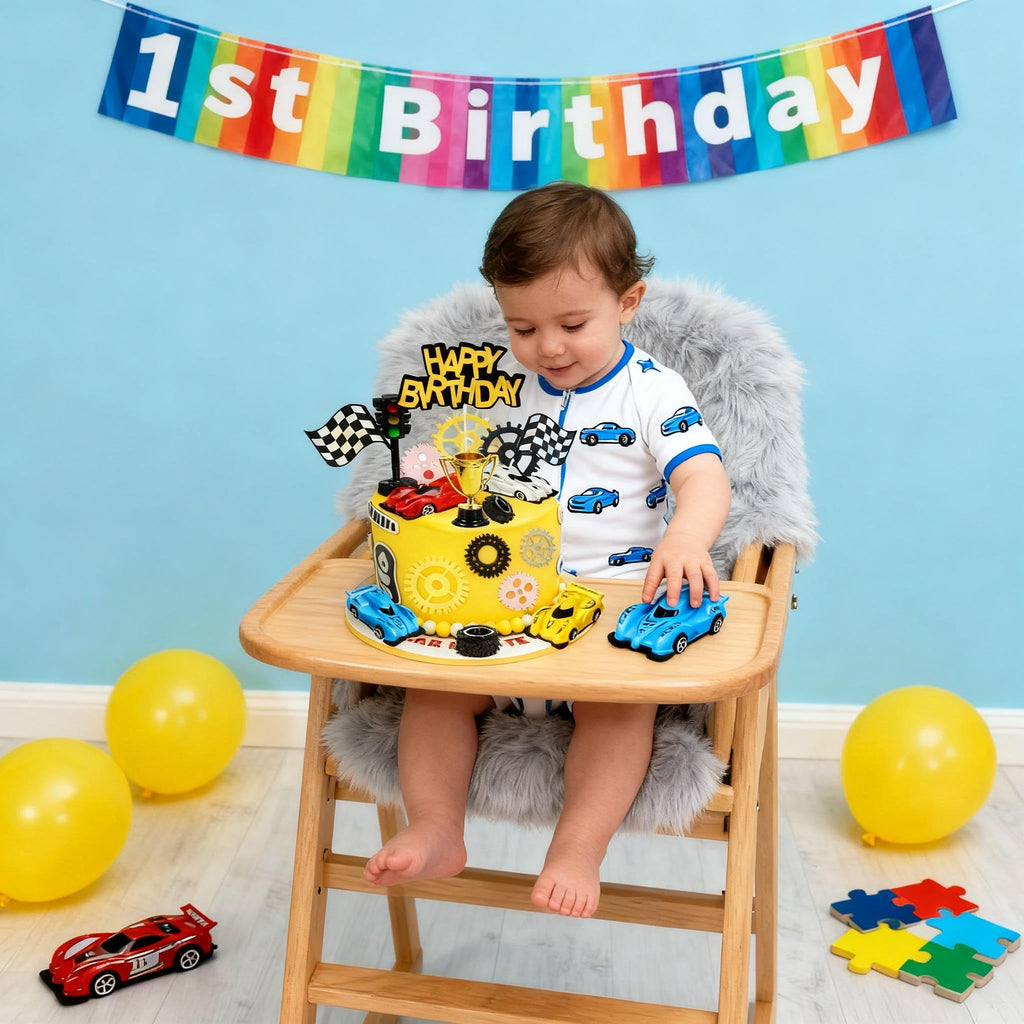 Morruo Racing Car Cake Topper Set - 18 Pieces with Toy Cars, Trophy, Traffic Light, Checkered Flags, Gear Wheels for Birthday Party Decoration