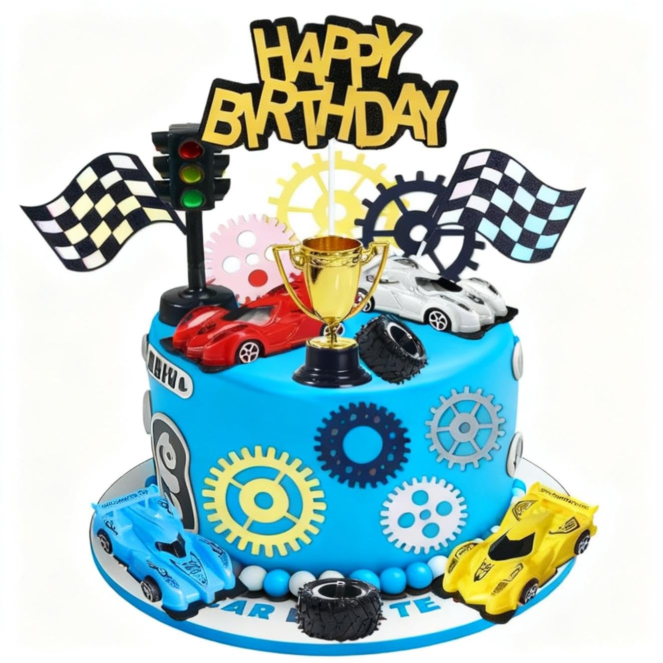 Morruo Racing Car Cake Topper Set - 18 Pieces with Toy Cars, Trophy, Traffic Light, Checkered Flags, Gear Wheels for Birthday Party Decoration