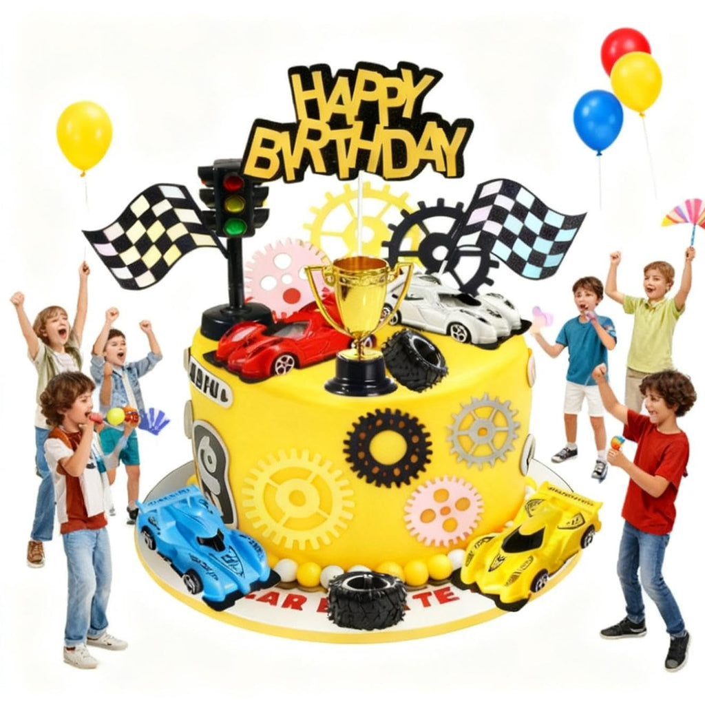 Morruo Racing Car Cake Topper Set - 18 Pieces with Toy Cars, Trophy, Traffic Light, Checkered Flags, Gear Wheels for Birthday Party Decoration