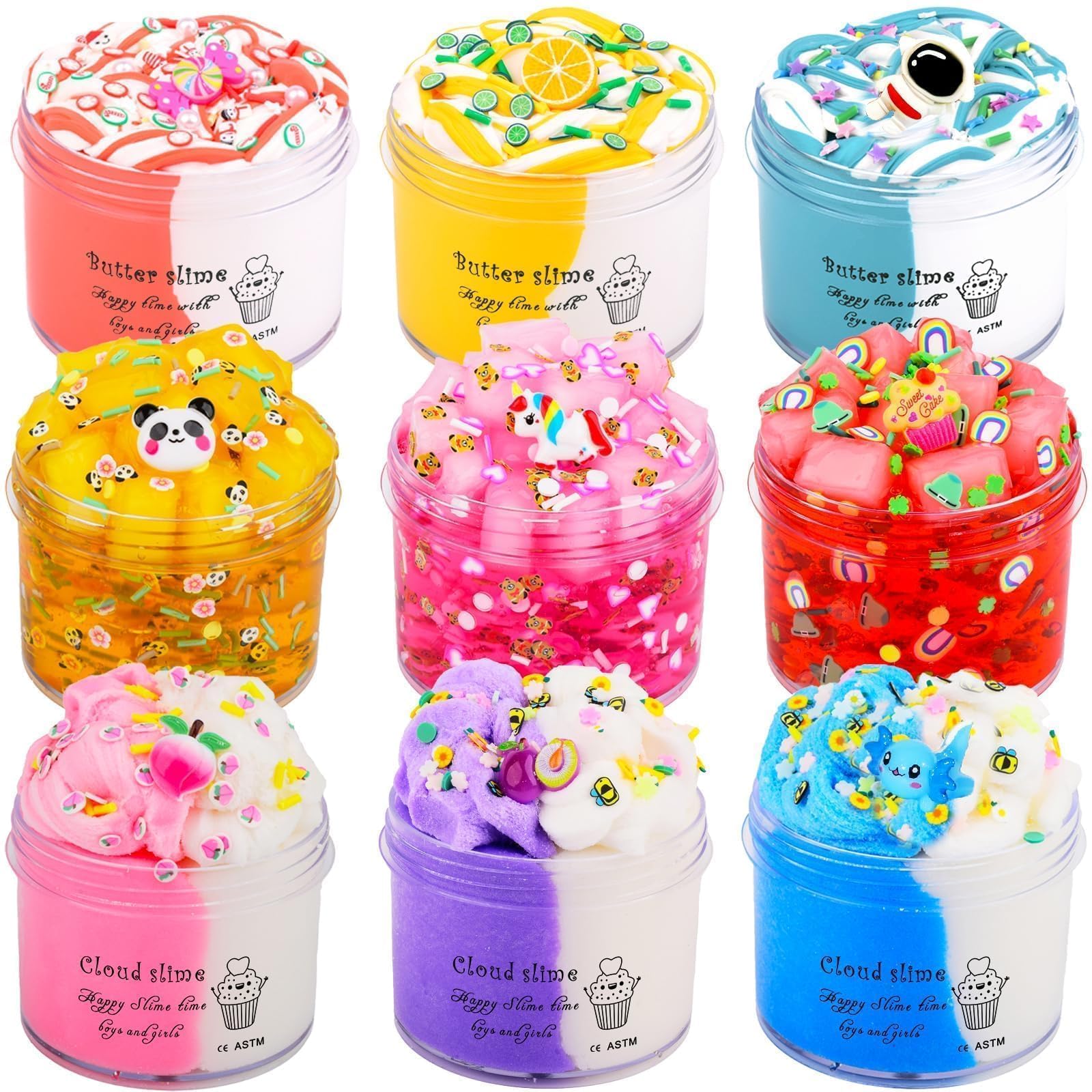 MOSHRERUHUA 9 Pack Axolotl Slime Kit: 3 Jelly Cube, 3 Cloud, 3 Butter Slimes - Stretchy, Soft, Non-Sticky - Safe for Kids Ages 3+