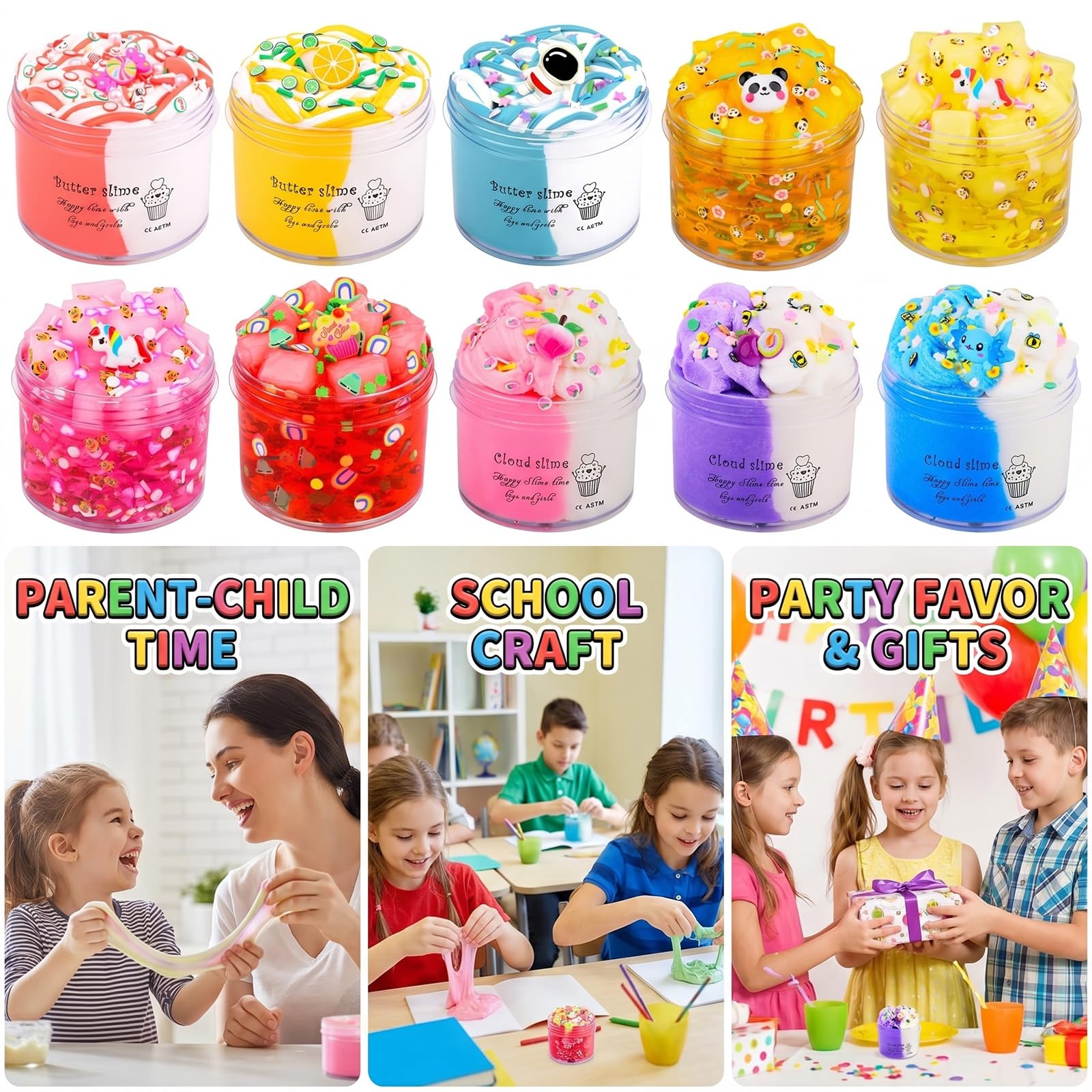 MOSHRERUHUA 9 Pack Axolotl Slime Kit: 3 Jelly Cube, 3 Cloud, 3 Butter Slimes - Stretchy, Soft, Non-Sticky - Safe for Kids Ages 3+