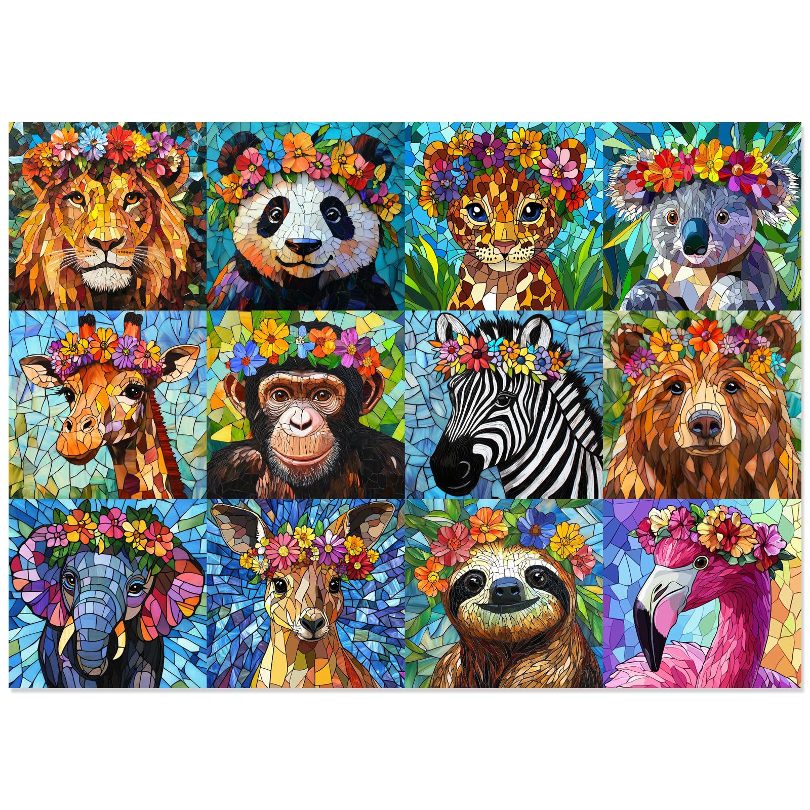 Motiloo 1000-Piece Colorful Mosaic Wildlife Jigsaw Puzzle – Jungle Animals with Flower Crowns, 28x20 Inch, Includes Poster