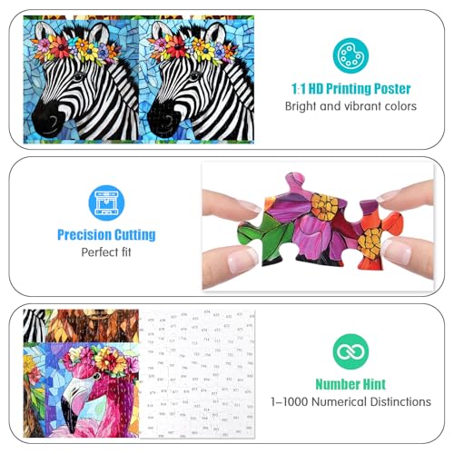 Motiloo 1000-Piece Colorful Mosaic Wildlife Jigsaw Puzzle – Jungle Animals with Flower Crowns, 28x20 Inch, Includes Poster