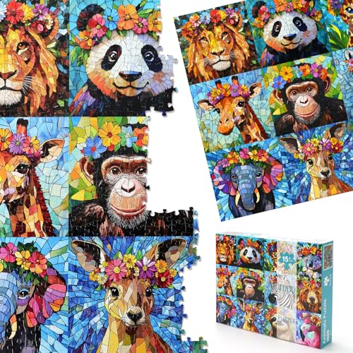 Motiloo 1000-Piece Colorful Mosaic Wildlife Jigsaw Puzzle – Jungle Animals with Flower Crowns, 28x20 Inch, Includes Poster