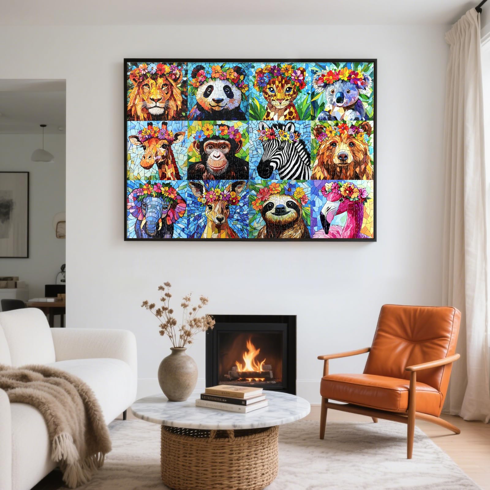 Motiloo 1000-Piece Colorful Mosaic Wildlife Jigsaw Puzzle – Jungle Animals with Flower Crowns, 28x20 Inch, Includes Poster