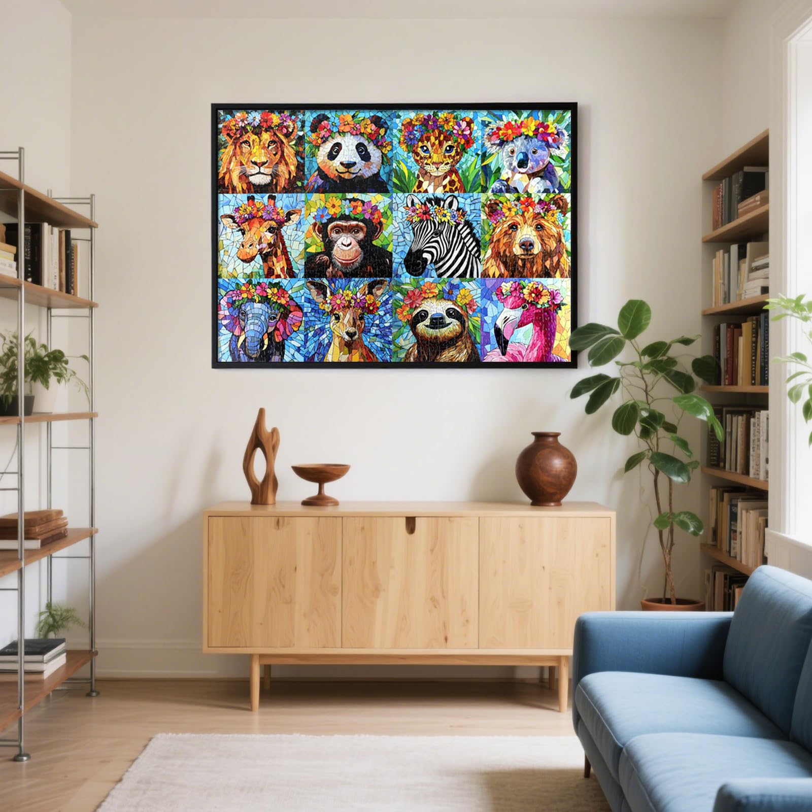 Motiloo 1000-Piece Colorful Mosaic Wildlife Jigsaw Puzzle – Jungle Animals with Flower Crowns, 28x20 Inch, Includes Poster