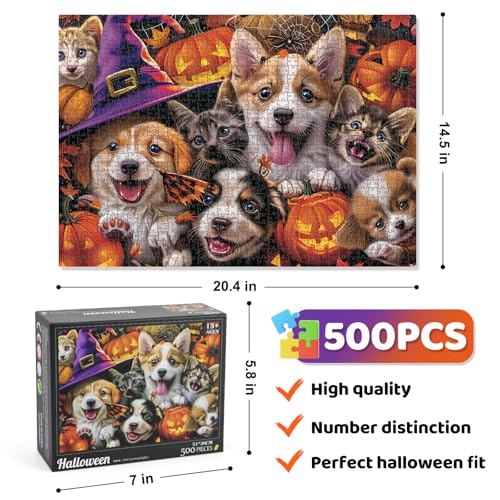 Motiloo 500 Piece Halloween Pet Jigsaw Puzzle – Cute Dogs & Cats Carnival Scene, Numbered Pieces
