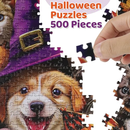 Motiloo 500 Piece Halloween Pet Jigsaw Puzzle – Cute Dogs & Cats Carnival Scene, Numbered Pieces
