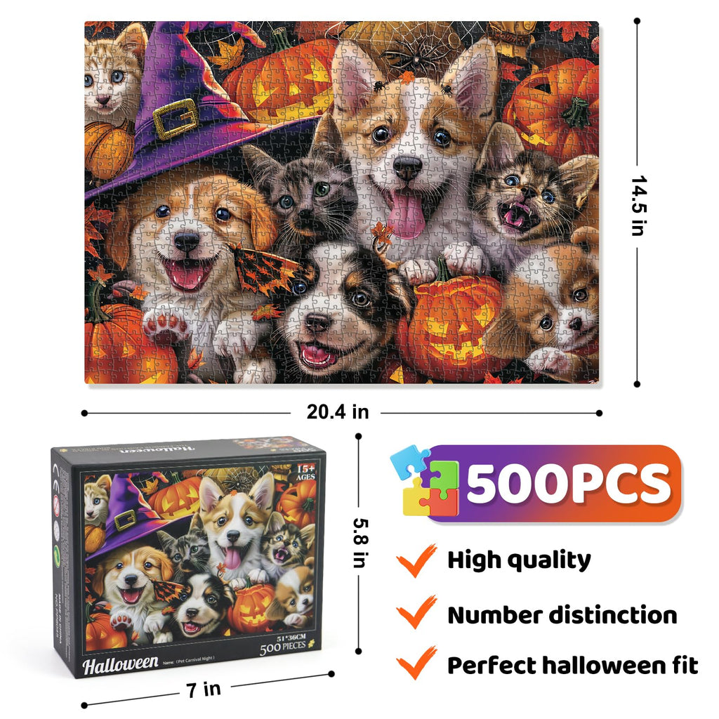 Motiloo 500 Piece Halloween Pet Jigsaw Puzzle – Cute Dogs & Cats Carnival Scene, Numbered Pieces