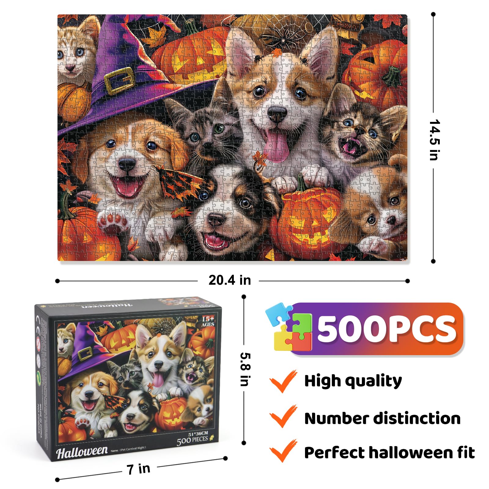 Motiloo 500 Piece Halloween Pet Jigsaw Puzzle – Cute Dogs & Cats Carnival Scene, Numbered Pieces