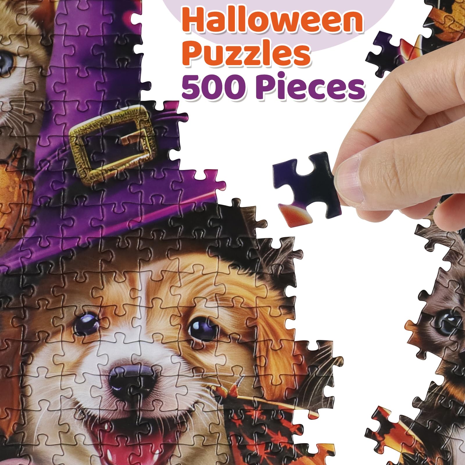 Motiloo 500 Piece Halloween Pet Jigsaw Puzzle – Cute Dogs & Cats Carnival Scene, Numbered Pieces