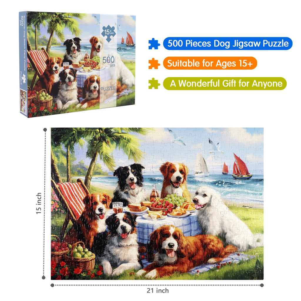 Motiloo 500 Piece Jigsaw Puzzle for Adults – Dogs at Beach Scene, 21x15 Inches, Includes Reference Poster and Numbered Backing