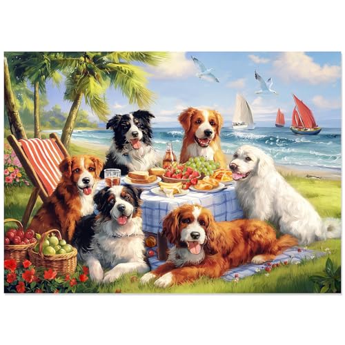 Motiloo 500 Piece Jigsaw Puzzle for Adults – Dogs at Beach Scene, 21x15 Inches, Includes Reference Poster and Numbered Backing