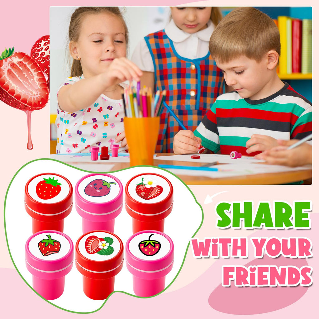 MotiMind 24 Pack Strawberry Self-Inking Mini Stampers – 12 Unique Designs for Party Favors, Classroom Rewards, Carnival Prizes & DIY Crafts