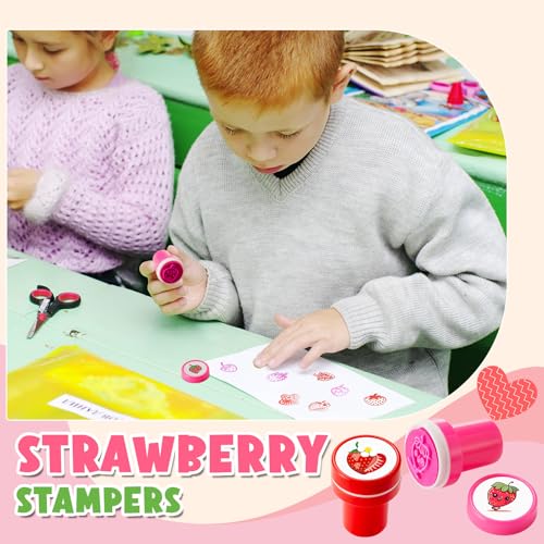MotiMind 24 Pack Strawberry Self-Inking Mini Stampers – 12 Unique Designs for Party Favors, Classroom Rewards, Carnival Prizes & DIY Crafts