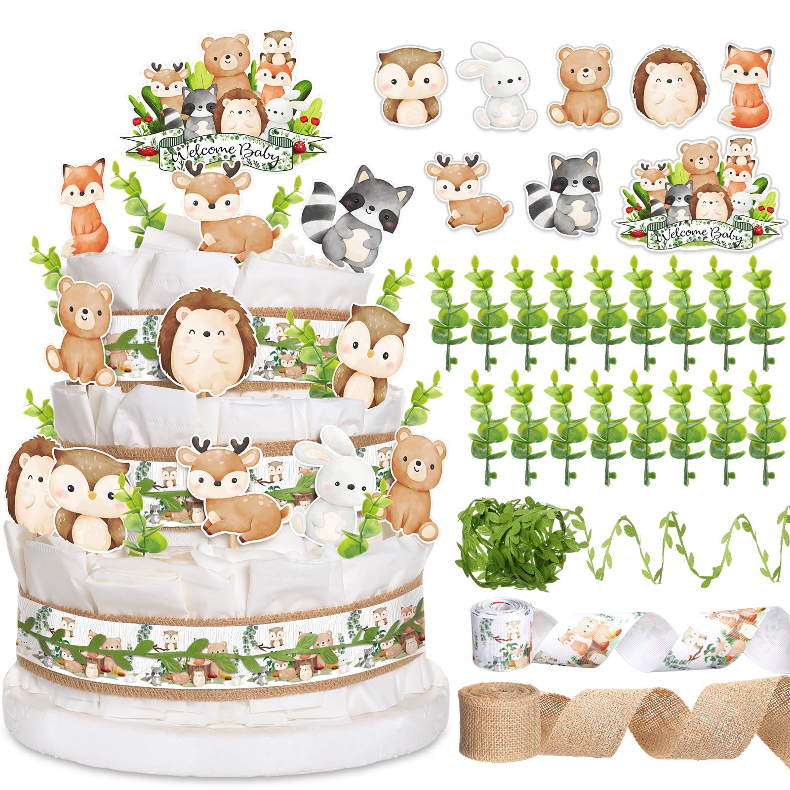 MotiMind Woodland Baby Shower DIY Diaper Cake Decoration Kit – Neutral Forest Animals, Burlap Ribbon, Sage Green Leaves