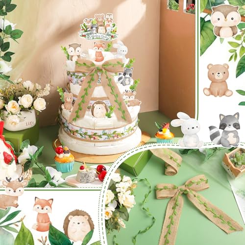 MotiMind Woodland Baby Shower DIY Diaper Cake Decoration Kit – Neutral Forest Animals, Burlap Ribbon, Sage Green Leaves