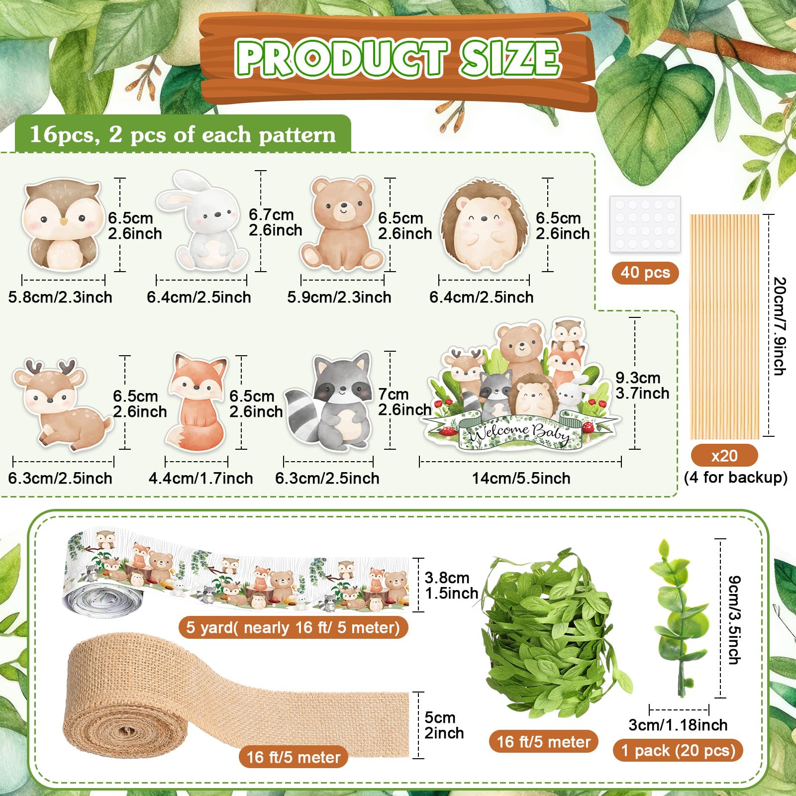 MotiMind Woodland Baby Shower DIY Diaper Cake Decoration Kit – Neutral Forest Animals, Burlap Ribbon, Sage Green Leaves