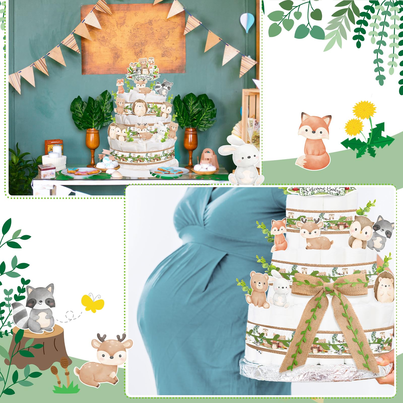 MotiMind Woodland Baby Shower DIY Diaper Cake Decoration Kit – Neutral Forest Animals, Burlap Ribbon, Sage Green Leaves