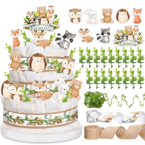 MotiMind Woodland Baby Shower DIY Diaper Cake Decoration Kit – Neutral Forest Animals, Burlap Ribbon, Sage Green Leaves