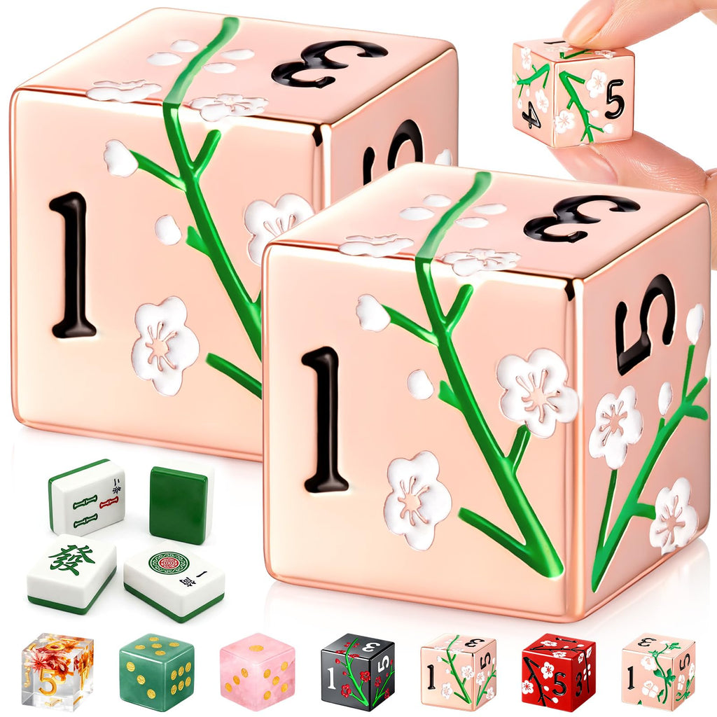 Motionchic 17mm Rose Gold Metal Mahjong Dice Set – 2 Durable Zinc Alloy Dice with Floral Pattern for Tabletop Games, Casino Nights, and Board Games