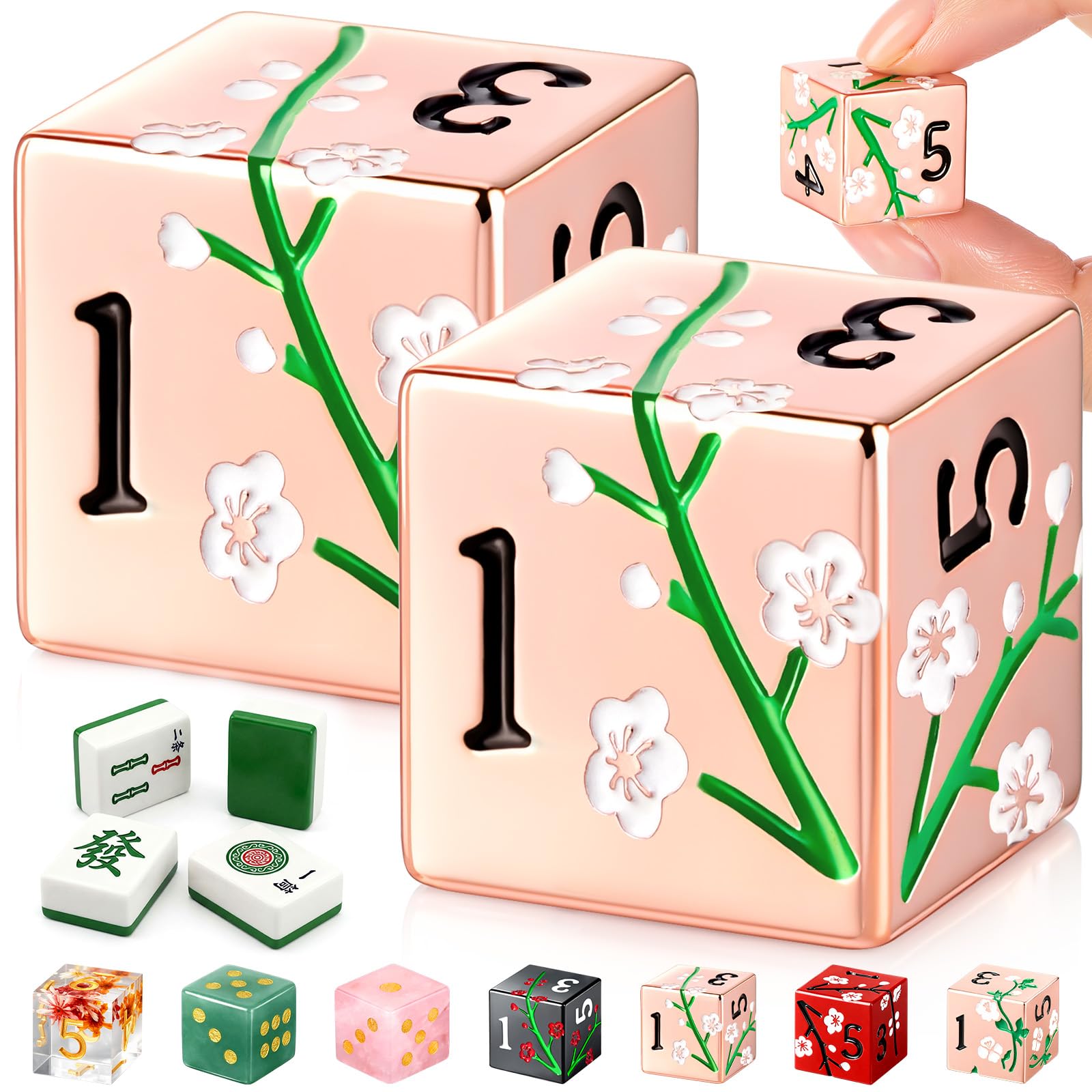 Motionchic 17mm Rose Gold Metal Mahjong Dice Set – 2 Durable Zinc Alloy Dice with Floral Pattern for Tabletop Games, Casino Nights, and Board Games