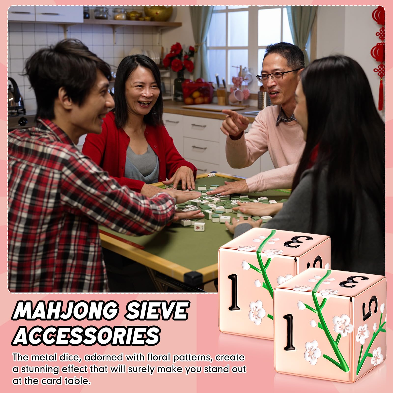 Motionchic 17mm Rose Gold Metal Mahjong Dice Set – 2 Durable Zinc Alloy Dice with Floral Pattern for Tabletop Games, Casino Nights, and Board Games