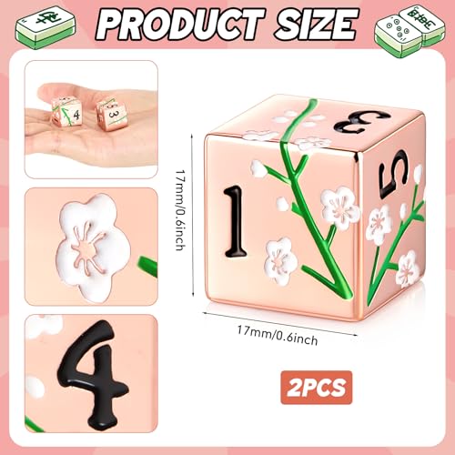 Motionchic 17mm Rose Gold Metal Mahjong Dice Set – 2 Durable Zinc Alloy Dice with Floral Pattern for Tabletop Games, Casino Nights, and Board Games