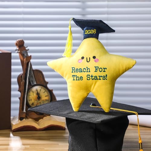 Motionchic Graduation Star Plush Toy with Cap and Tassel - 8.46 Inch Yellow Stuffed Animal with Hidden Pocket for Cards and Notes
