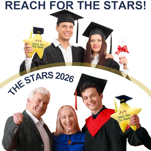 Motionchic Graduation Star Plush Toy with Cap and Tassel - 8.46 Inch Yellow Stuffed Animal with Hidden Pocket for Cards and Notes
