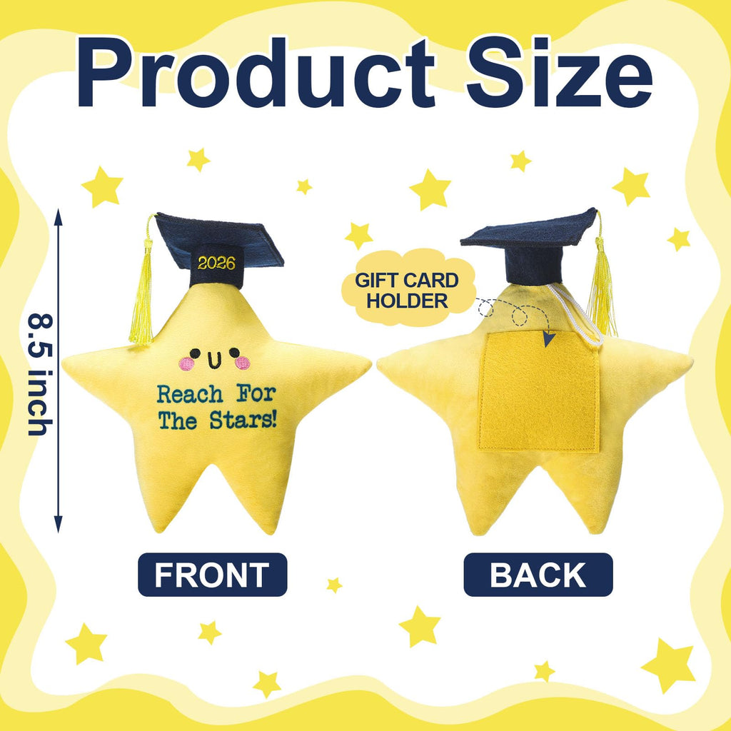 Motionchic Graduation Star Plush Toy with Cap and Tassel - 8.46 Inch Yellow Stuffed Animal with Hidden Pocket for Cards and Notes