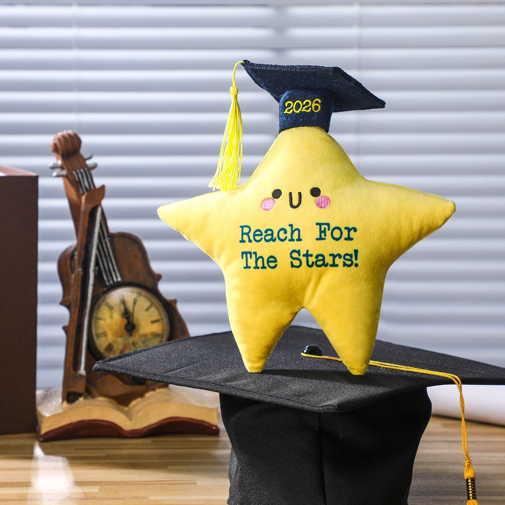Motionchic Graduation Star Plush Toy with Cap and Tassel - 8.46 Inch Yellow Stuffed Animal with Hidden Pocket for Cards and Notes
