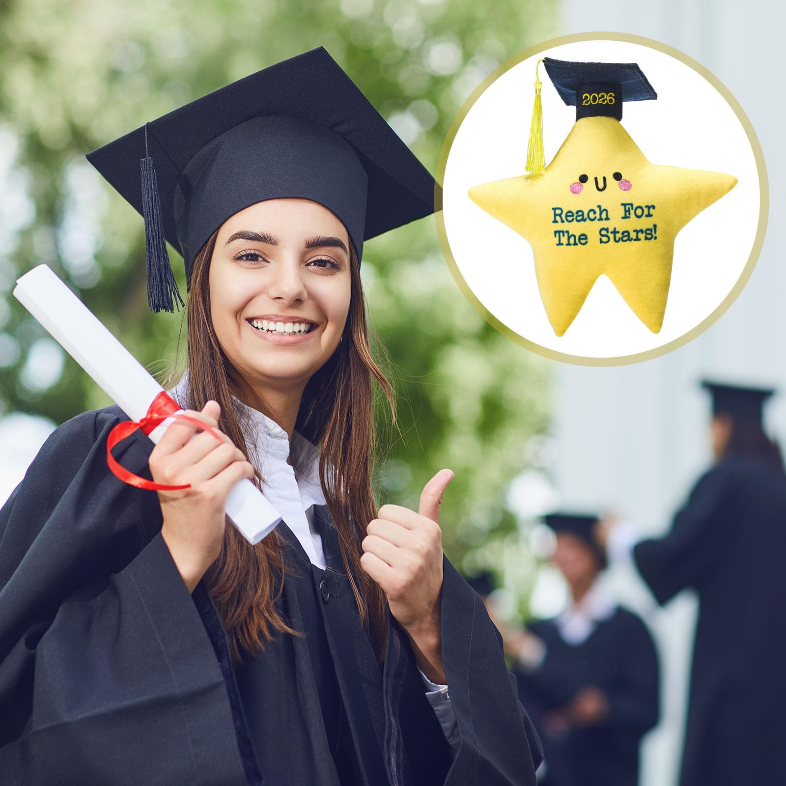 Motionchic Graduation Star Plush Toy with Cap and Tassel - 8.46 Inch Yellow Stuffed Animal with Hidden Pocket for Cards and Notes