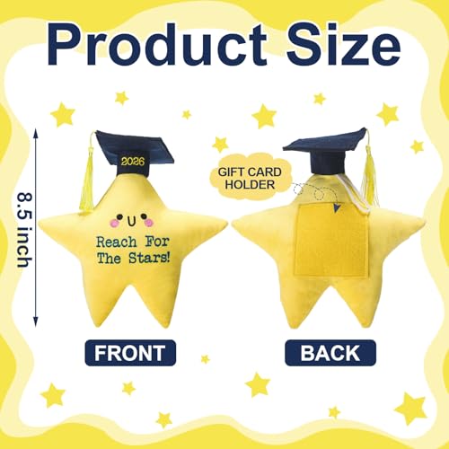 Motionchic Graduation Star Plush Toy with Cap and Tassel - 8.46 Inch Yellow Stuffed Animal with Hidden Pocket for Cards and Notes
