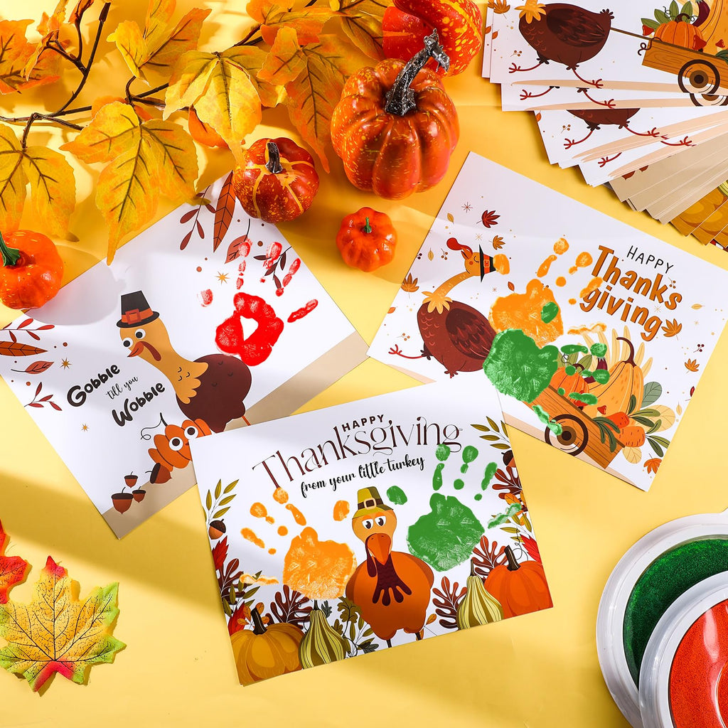 Motipuns 30-Piece Thanksgiving Handprint Craft Kit with 3 Large Ink Pads – Turkey Greeting Cards for Fall Holiday Activities