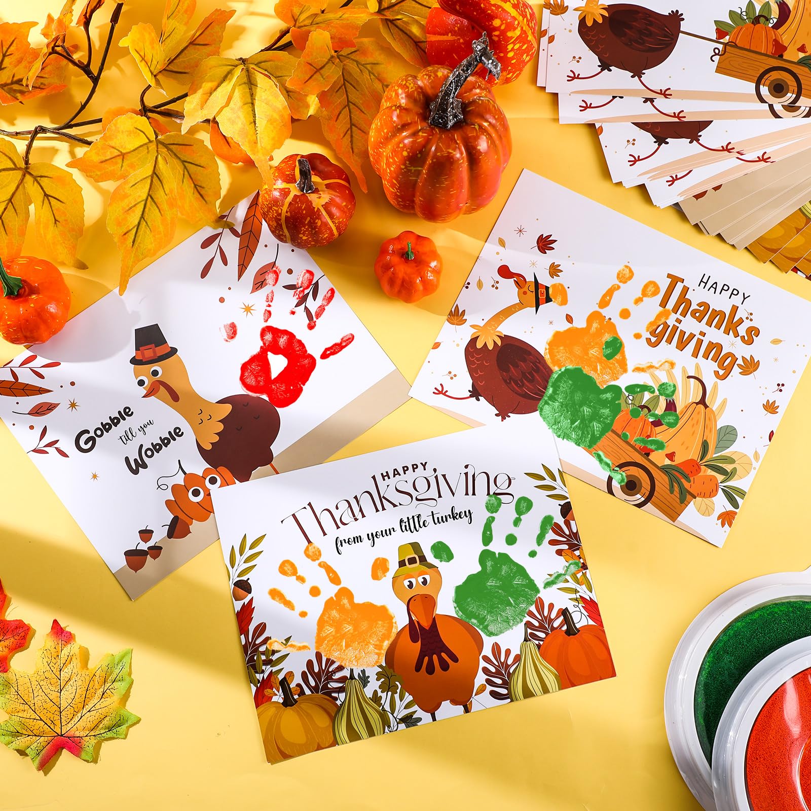 Motipuns 30-Piece Thanksgiving Handprint Craft Kit with 3 Large Ink Pads – Turkey Greeting Cards for Fall Holiday Activities