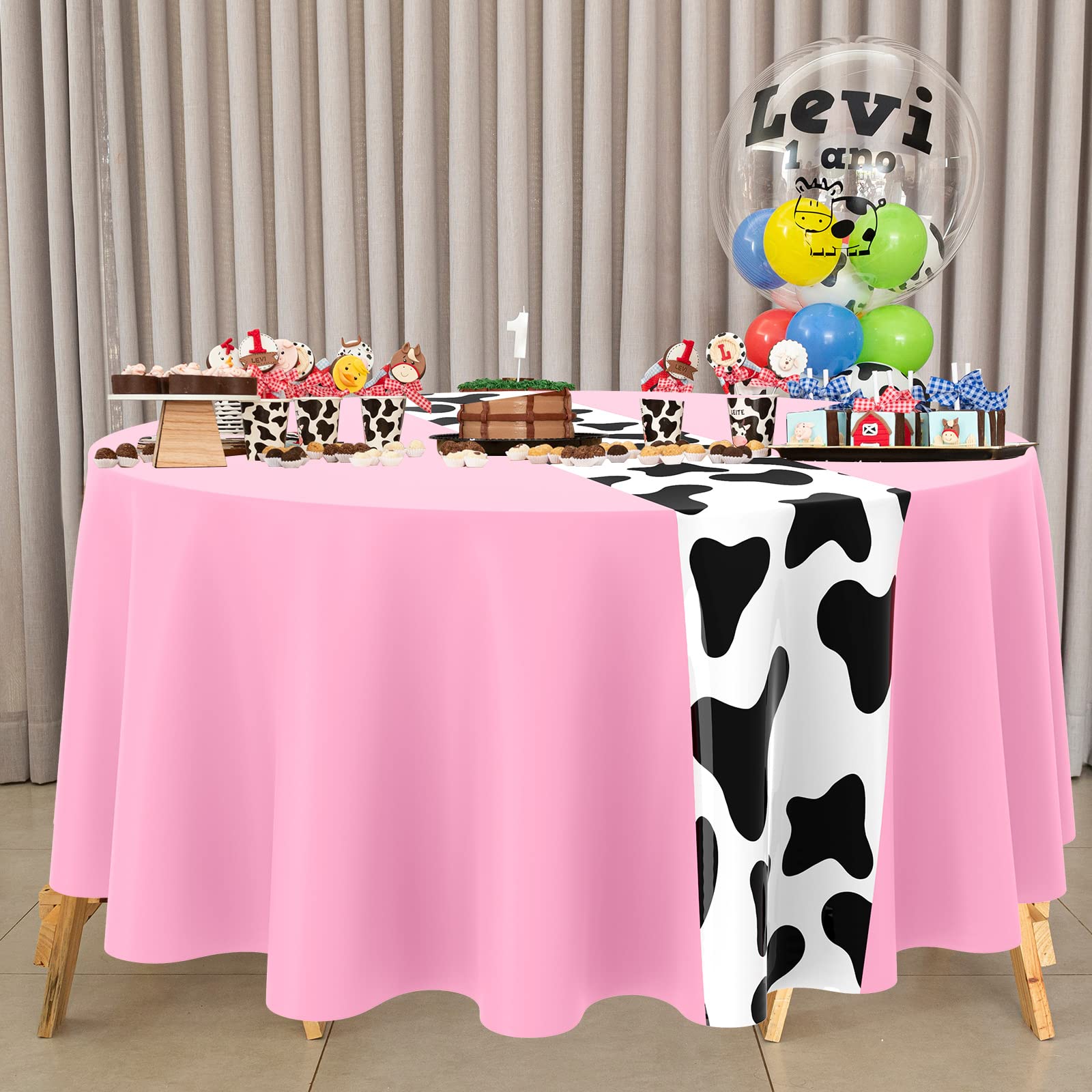 Moukeren 3-Pack Pink Cow Print Round Plastic Tablecloths – 84 Inch Disposable Party Table Covers