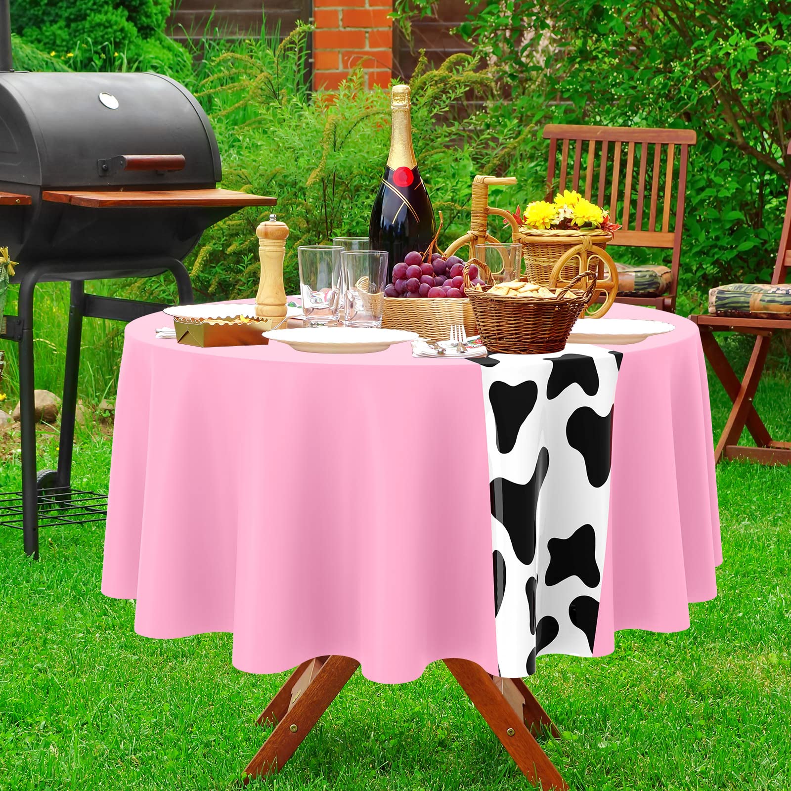 Moukeren 3-Pack Pink Cow Print Round Plastic Tablecloths – 84 Inch Disposable Party Table Covers