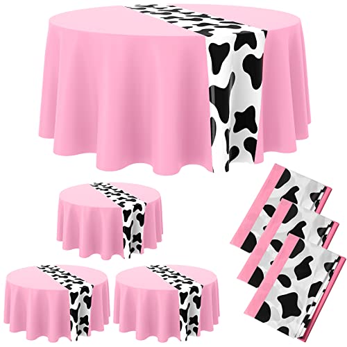 Moukeren 3-Pack Pink Cow Print Round Plastic Tablecloths – 84 Inch Disposable Party Table Covers