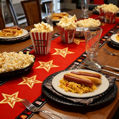Movie Night Table Runner Set 2 Pack 13x72 Inch, Gold Star & Film Reel Design, Flax Fabric Party Decor
