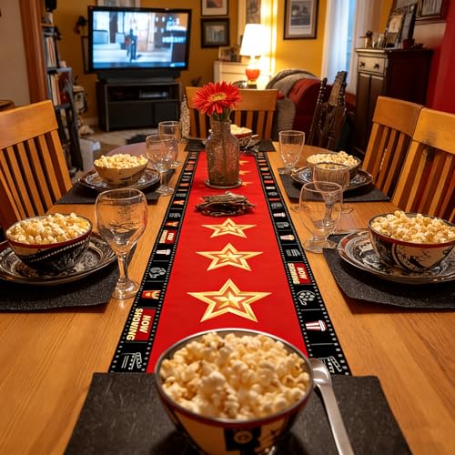 Movie Night Table Runner Set 2 Pack 13x72 Inch, Gold Star & Film Reel Design, Flax Fabric Party Decor