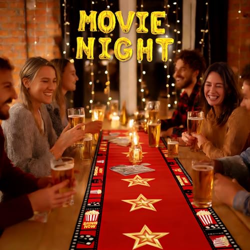 Movie Night Table Runner Set 2 Pack 13x72 Inch, Gold Star & Film Reel Design, Flax Fabric Party Decor