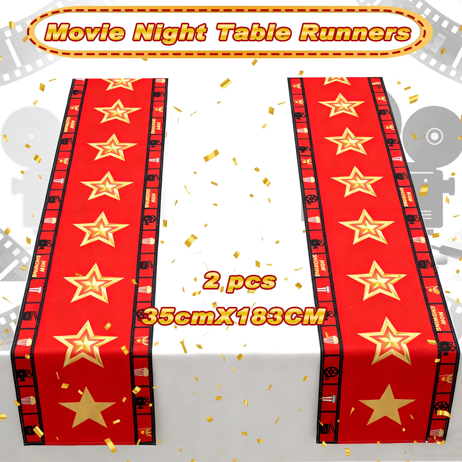 Movie Night Table Runner Set 2 Pack 13x72 Inch, Gold Star & Film Reel Design, Flax Fabric Party Decor