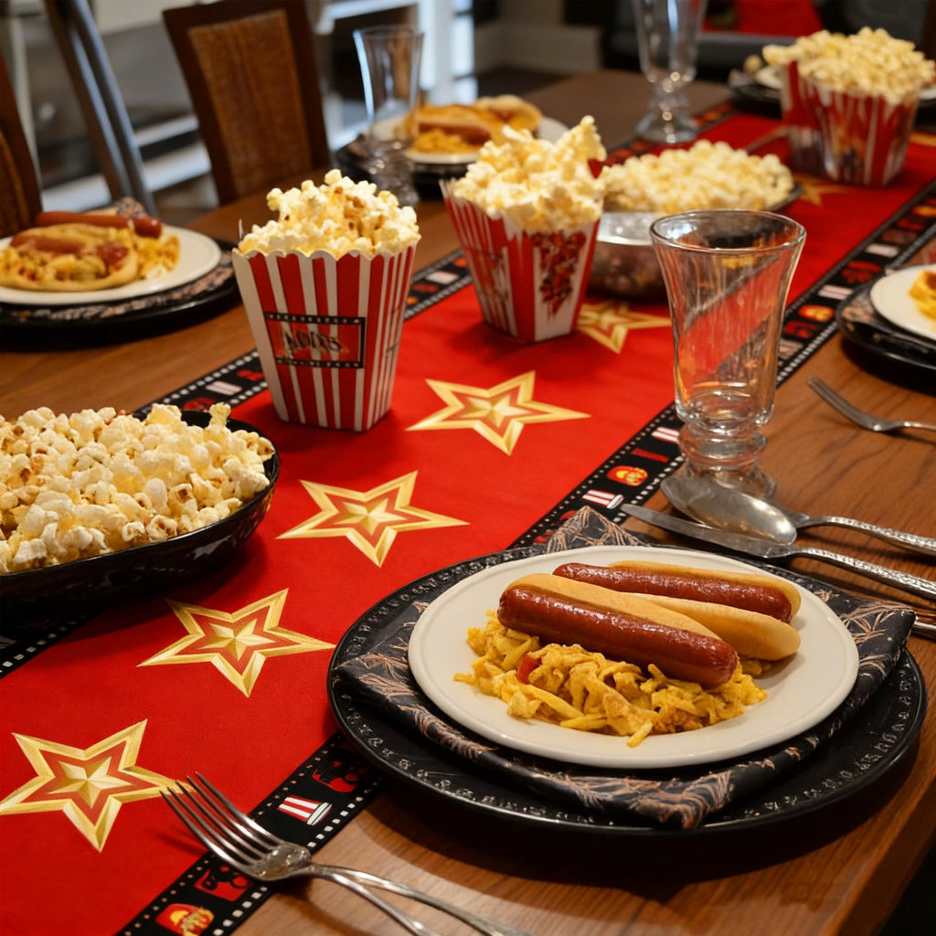 Movie Night Table Runner Set 2 Pack 13x72 Inch, Gold Star & Film Reel Design, Flax Fabric Party Decor