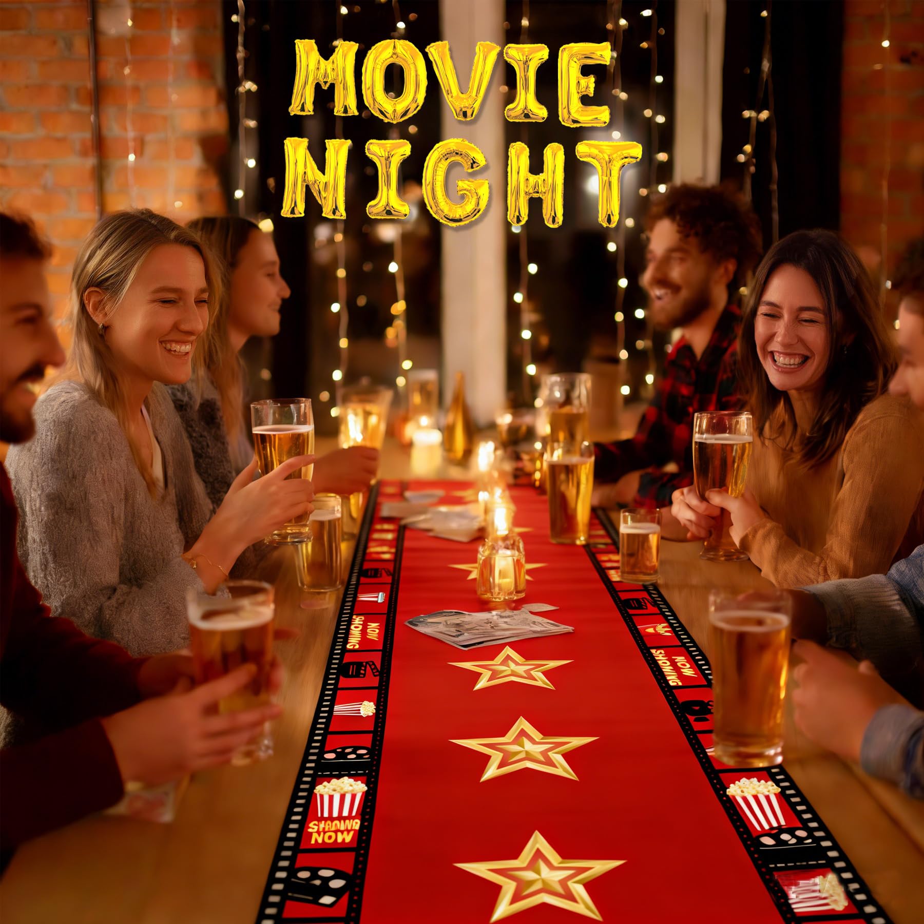 Movie Night Table Runner Set 2 Pack 13x72 Inch, Gold Star & Film Reel Design, Flax Fabric Party Decor