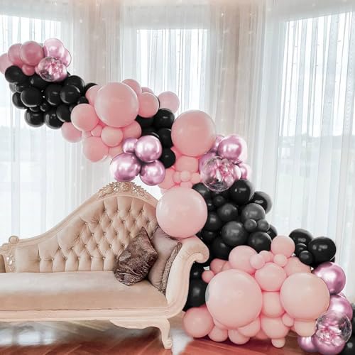 MOXMAY 151-Piece Metallic Pink and Black Balloon Arch Kit for Party Decorations with Assembly Accessories